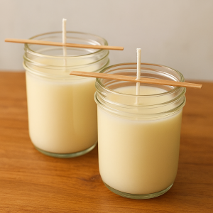 Two jars cooling on a table with wicks held upright by wooden sticks.