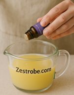 A person adding lavender essential oil into melted wax.