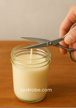 A pair of scissors trimming the wick above the candle surface.