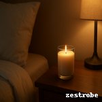 A glowing soy candle on a bedside table, creating a cozy atmosphere
